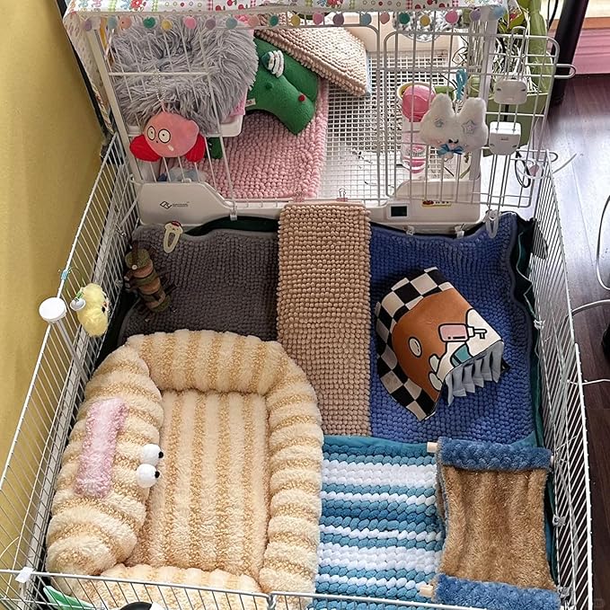 2 Pcs Guinea Pig Fleece Cage Liner, Rabbit Liner Rat Bedding Reusable Guinea Pig Mat Pads Washable Training Pad Small Animal Sleeping Bed Mat (Blue)
