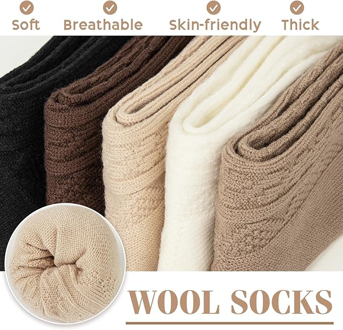 Justay 5 Pairs Womens Wool Socks Thick Warm Winter Socks Casual Cozy Socks Vintage Knit Crew Socks Gift for Women