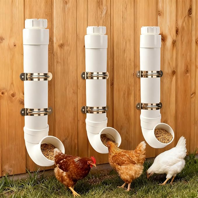 Homar 3pc Automatic PVC Chicken Feeder - No Waste, 6lb Large Capacity Heavy Duty Rat Proof PVC Pipe Tube Chicken Feeder for Coop Poultry Long Feeding