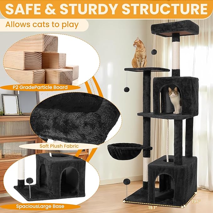 54-Inch Cat Tree Tower with 2 Caves & 2 Pompoms - Multi-Level Tower for Indoor Cats, Soft Plush Condo with Scratching Posts - Sturdy Base for Large Cats(Black)