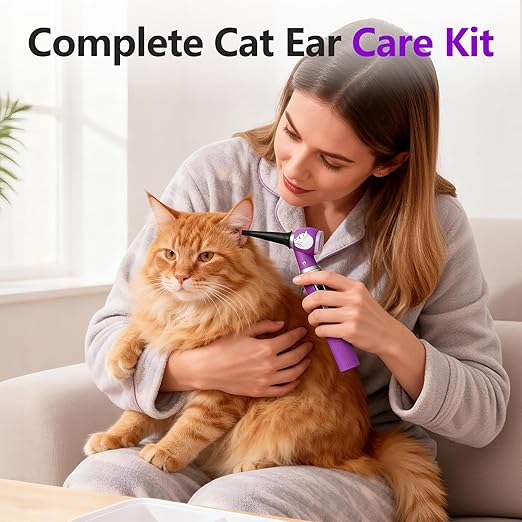 Veterinary LED Otoscope for Pets Cat-Design - Ear Infection Detector with Light, 6 Disposable Tips for Dogs & Cats, Portable Home Ear Checker (Purple)