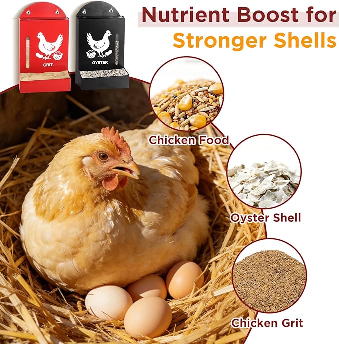 2 Pack Chicken Grit and Oyster Shell Feeder, Metal Oyster Shell Feeder with Visual Window and Lid, Hanging Gravity Chicken Grit Feeder, Chicken Coop Accessories for Healthier Hens and Eggs