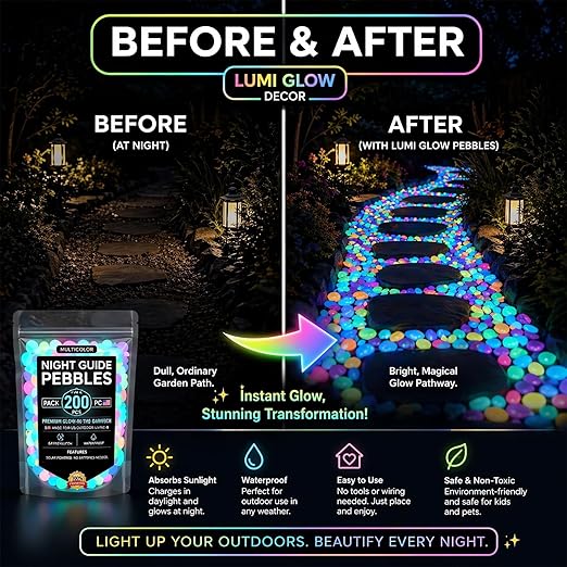 (Multi,600PC) Glow in The Dark Pebbles, Rainbow Glow in the Dark Rocks Outdoor Pathways, Garden, Walkway, Aquarium and Yard Decor, Waterproof Night Guide Rocks for DIY Landscape Lighting