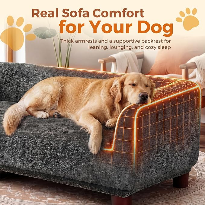 Dog Couch Sofa for Large & Extra Large Dogs, Elevated Pet Bed with Legs, Button Tufted Chenille Dog Couch with Backrest and Armrests, Modern Indoor Dog Furniture (Dark Gray, XL - 47" x 24" x 15")