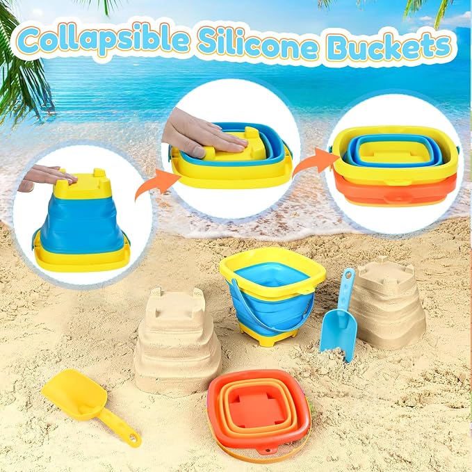 Beach Sand Toys with 2-Pack Collapsible Buckets & Shovels for Kids | Foldable Pail Bucket with Shovels & Mesh Bag, Large capacity, Potable for Shell Collecting Castle Building Summer Travel