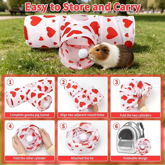 Rypet 3-Way Guinea Pig Tunnel, Collapsible Small Animal Enrichment Toy with Ball, Foldable Rabbit & Hamster Tunnel for Boredom Relief, Washable, Indoor/Outdoor Play