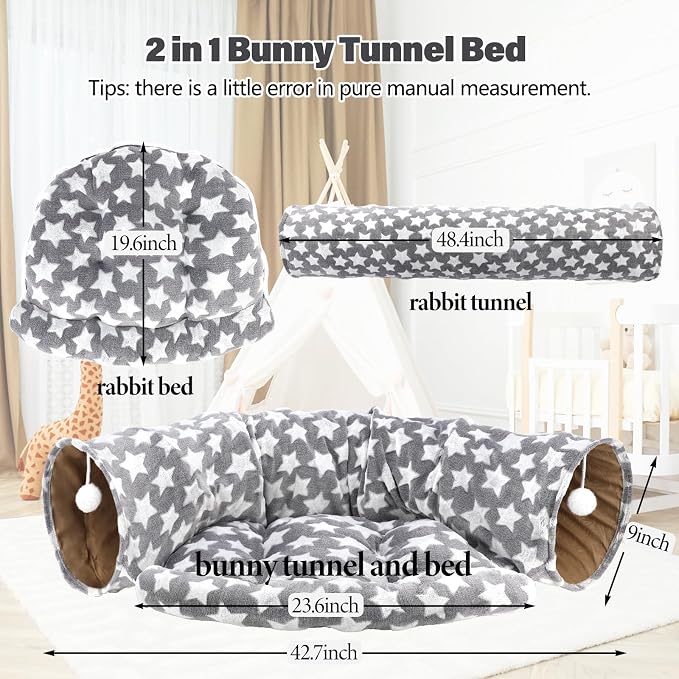 BWOGUE Bunny Tunnel Bed, 2-in-1 Collapsible Tunnel Tubes Toys with Removable Mat Hideout for Cats Kittens Rabbits Guinea Pigs Kitty (Greystar)