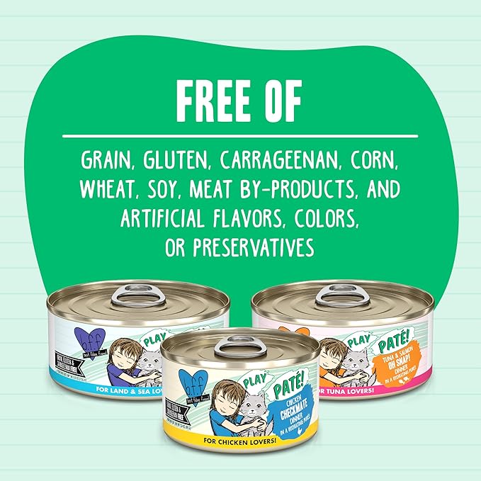 Weruva B.F.F. Play - Best Feline Friend Paté Lovers, Aw Yeah!, Swipe Right Delight Grain-Free Natural Wet Cat Food Variety Pack, 2.8oz Can (Pack of 18)