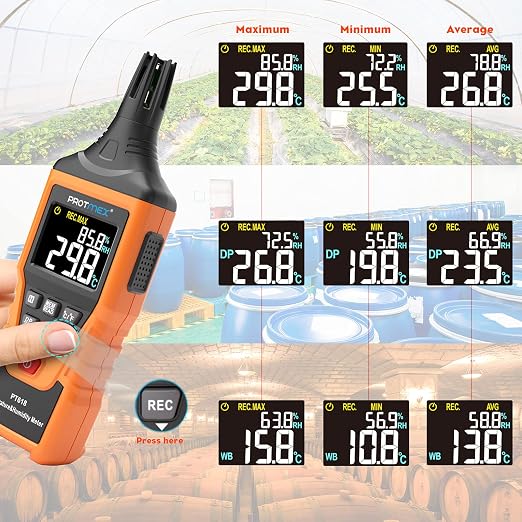 Protmex PT618 Temperature Humidity Meter, Thermometer Hygrometer Monitor with Ambient, Dew Point, Wet Bulb for Indoor/Outdoor MIN, MAX, Data Hold, LCD Backlight