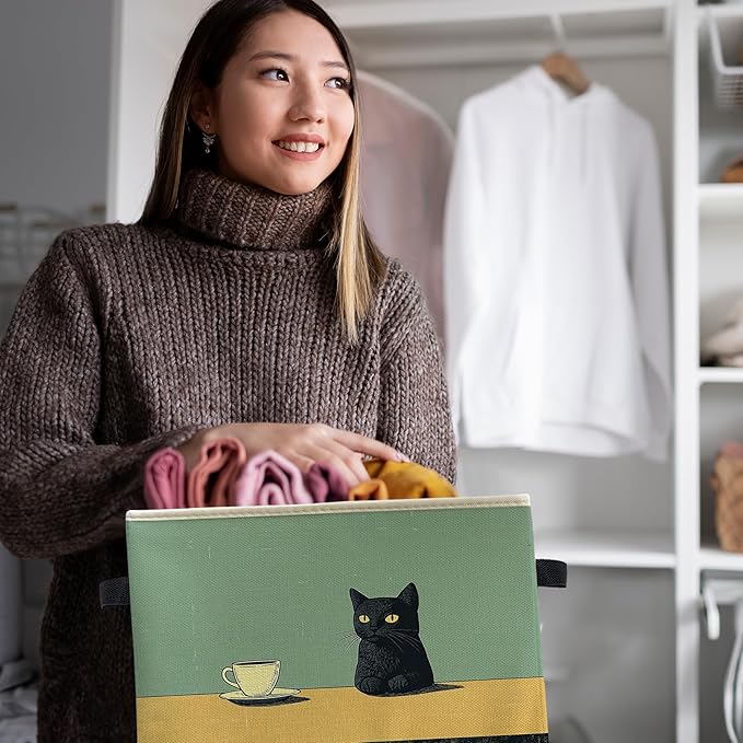 Retro Black Cat Drink Coffee Storage Bin Box, Cat Lover Mom Lady Grandma Gifts Collapsible Storage Basket Organizer for Bedroom Bathroom Home Clothes Toys Books, Toybox for Girls