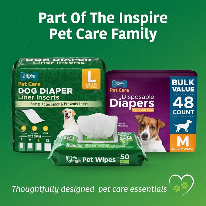 Inspire Naturals Pet Wipes for Dogs and Cats 100% Natural Plant Based with Organic Antioxidants, Dog Wipe Cleaning Deodorizing | Puppy Wipes | Dog Wipes for Paws and Butt(100ct - 2 Pack)