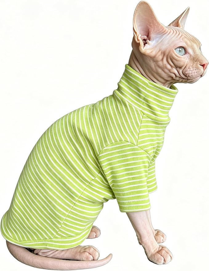 Sphynx Cat Clothes for Cats Only, Narrow Striped Sphynx Shirt Clothes T-Shirts Sweatshirt with Sleeves, Soft Kitten Sphinx Clothes Pet Apparel Devon Rex,Cornish Rex,Peterbald,Green,S