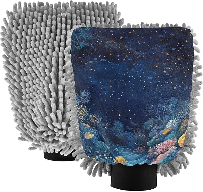 Car Wash Mitt Microfiber Wash Mitts for Car Washing Scratch-Free Cleaning Gloves Soft Non Absorbent Chenille Auto Hand Mitt Medium 2Pack Starry Sky Coral