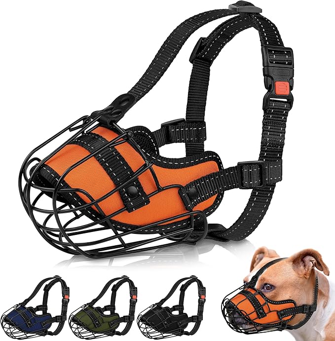 OOPSDOGGY Pitbull Dog Muzzle Reflective Metal Mask Secure Wire Basket Muzzles for Large Sized Dogs Amstaff Soft Cage to Prevent Biting Chewing with Adjustable Straps (Orange, Pitbull)