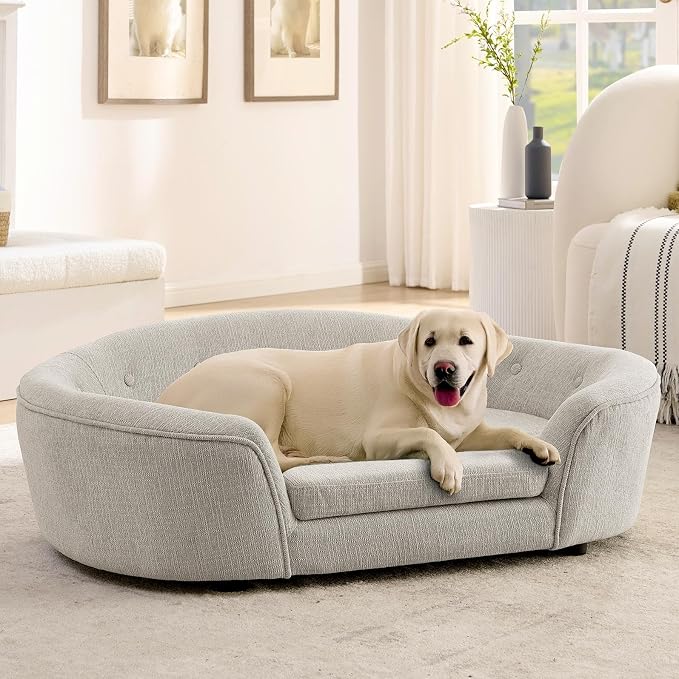 Dog Couch Bed with Oval Semi-Enclosed, Durable Linen Material Pet Sofa Couch with Soft Foam Cushion, Dog Sofa Bed with Legs for Medium Dogs, Beige