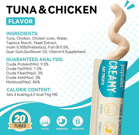 PETPHABET Lickable Cat Treats Squeeze, Creamy Puree Squeezable Wet Kitten Treats, Tuna & Chicken Recipe 20 Tubes, Paste Snacks for Skin & Coat Health, Digestive Care, High Protein, Grain Free