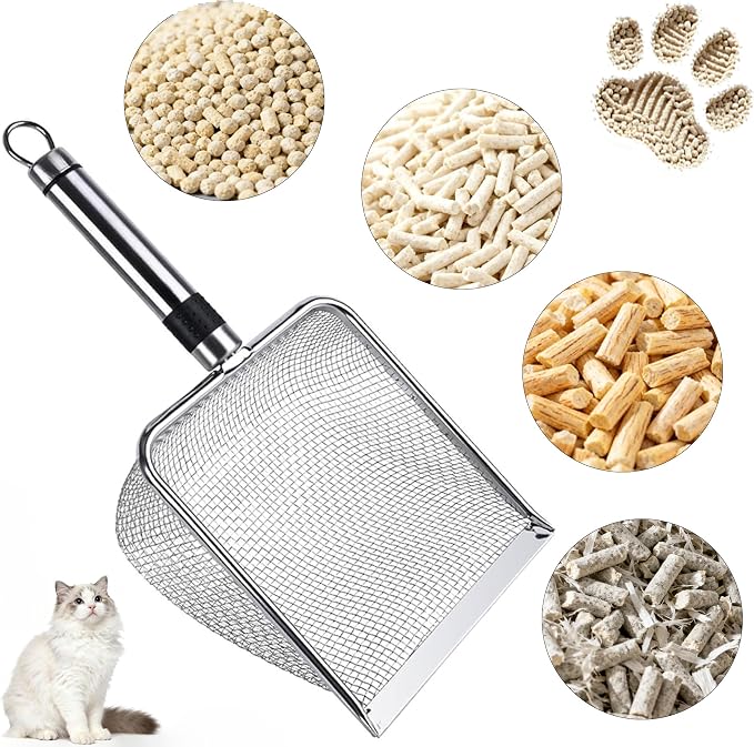 2-Pack Stainless Steel Cat Litter Scoop, 3.8mm Fine Mesh & 5mm Metal Scooper, 5.5-Inch Wide Deep Shovel, Long Handle, Rustproof Cat Poop Scooper for Clumping Litter, Multi-Pet & Beach Sand