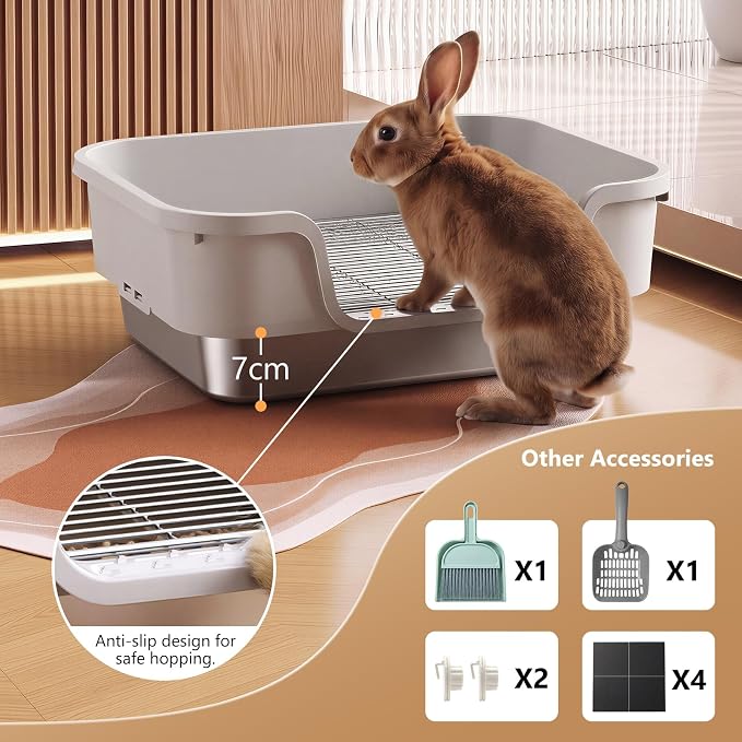 Stainless Steel Rabbit Litter Box with Safety Grid, Large Sifting Bunny Litter Pan for Small Animals, Guinea Pig, Ferret, Easy to Clean, Anti-Urine Leakage Metal Pet Toilet (16.9" × 13.4" × 6.7")