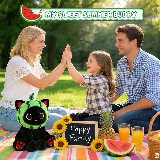 Black Cat Plush - 8inch Cute Stuffed Cat with Removable Watermelon Hood - Soft Kawaii Stuffed Animal for Girls, Kitten Plushie Toy for Boys, Summer Birthday Gift for Kids & Adults