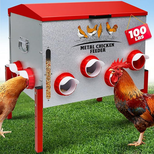 Automatic Chicken Feeder 100LBS Large Capacity, 12 Anti-Waste Ports Metal Poultry Feeder with Height Adjustable Stand, Waterproof Rodent Proof Feed Box with Lid Viewing Window for Hens Ducks Geese