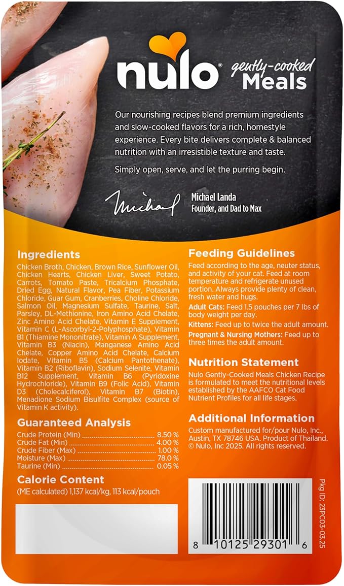 Nulo Gently Cooked Meals Chicken Shelf Stable Fresh Cat Food 3.5-oz Pouch Case of 24