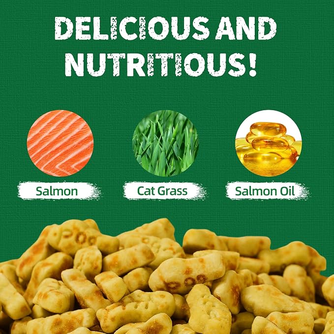Just Try 13.4 OZ Cat Grass Treats Salmon Oil Natural Salmon Kitten Healthy Cat Treats Training Biscuits Snacks Fish Oil Omega 3 Supplements for Cats Joint Support & Skin Coat Health