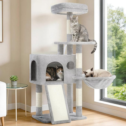 Gitelsnour Cat Tree, 42.1" Cat Tower for Indoor Kittens with Scratching Board and Posts, Multi-Level Cozy Cat Condo with 2 Perches, Hammock, Balls, Light Gray GCT005SW