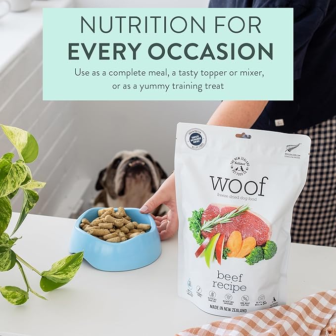 The New Zealand Natural Pet Food Co. WOOF Freeze Dried Dog Food - Beef Recipe, High Protein Freeze Dried Dog Treats, Dog Food Topper & Meal, 2.2 lb