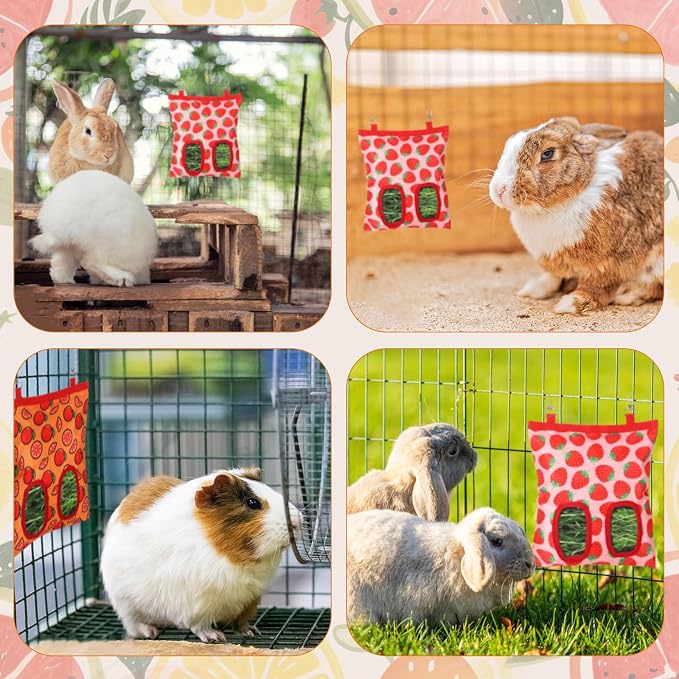 Rabbit Hay Feeder, 2 Hole Hanging Hay Bag for Rabbits Guinea Pig Bunny Chinchillas Washable Rabbit Hay Holder 11x9.8inch
