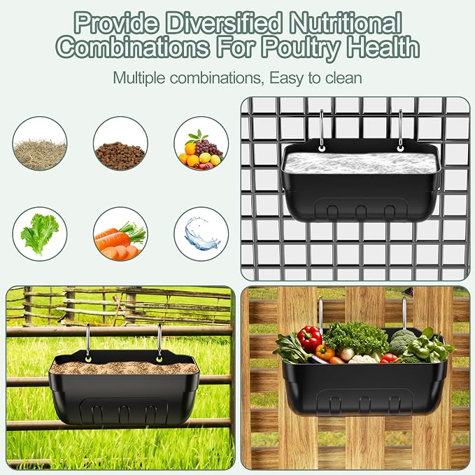Goat Feeders Hanging, Chicken Waterer Feeder Trough for Poultry Livestock (3 * 3.5 Quart Black)
