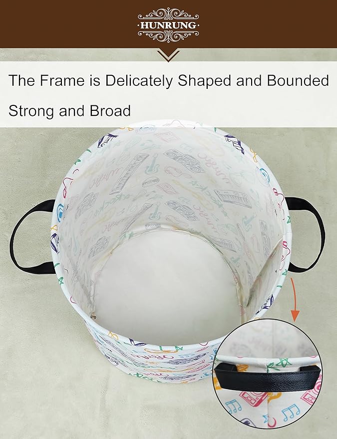 Collapsible Fabric Storage Basket, Waterproof Laundry Hamper with Handles, Round Storage Bin for Clothes Toys, Foldable Organizer for Bedroom Nursery Bathroom(Round-Musical instrument)