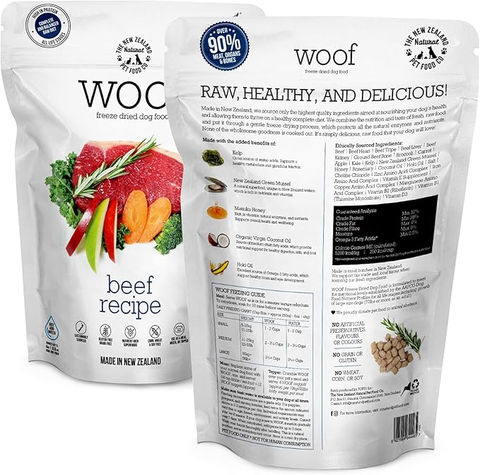 The New Zealand Natural Pet Food Co. WOOF Freeze Dried Dog Food - Beef Recipe, High Protein Freeze Dried Dog Treats, Dog Food Topper & Meal, 2.2 lb