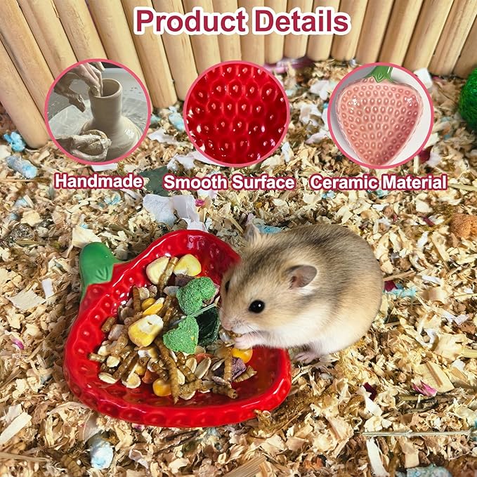 2PCS Hamster Bowl, Hamster Food Dish Ceramic Food Water Feeding Bowl Small Animal Bowls for Gerbil Rat Mice Hedgehog (Strawberry)