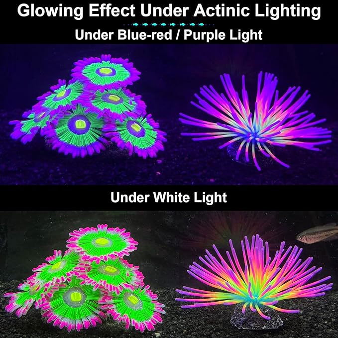 2pcs Silicone Glowing Effect Aquarium Fish Tank Decorations, Artificial Soft Anemone Coral Plants Ornaments for Aquarium Decor Landscape, Glow in Dark Fish Tank Accessories Decorations(Pink)