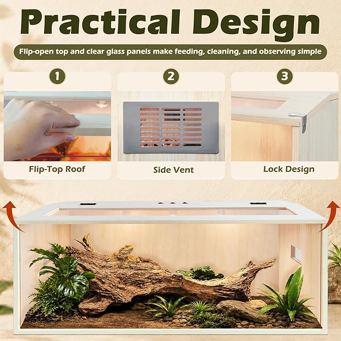 PROLEE Bearded Dragon Tank,Wooden Reptile Tank and Lizard Tank,Tempered Glass Large Bearded Dragon Enclosure with Built-in Lamp Fixture (48X20X20inch,80 Gallons)