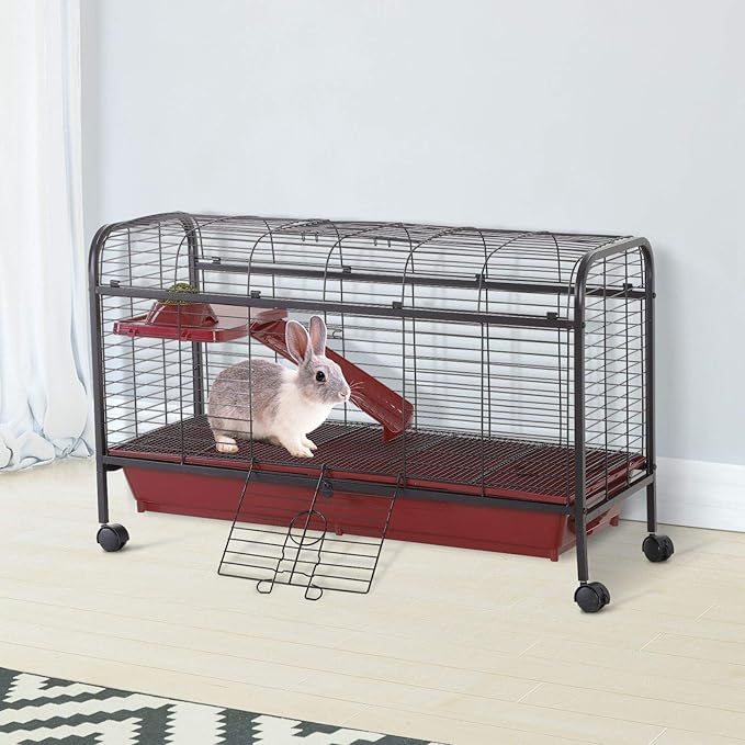 PawHut 41" L Small Animal Cage Rabbit Hutch Ferret Pet Play House with Feeder, Rolling Wheels, Platform, Ramp, Red