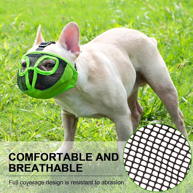 Short Snout Dog Muzzles- Adjustable Breathable Mesh Bulldog Muzzle for Biting Chewing Licking Grooming Dog Mask,Green S