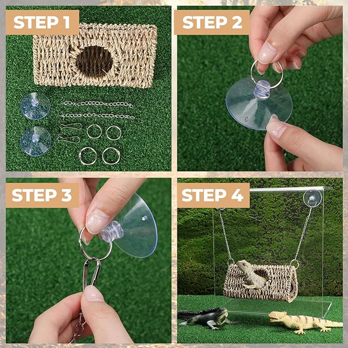 CroBlissful Reptile Hide Cave Hollow Cave Hideout with 2 Pcs Suction Cup and Chain Gecko Hide Reptile Tank Decor Seagrass Fiber Climbing Toy for Lizard Snake Hermit Crab(Triangle,Pale Yellow)