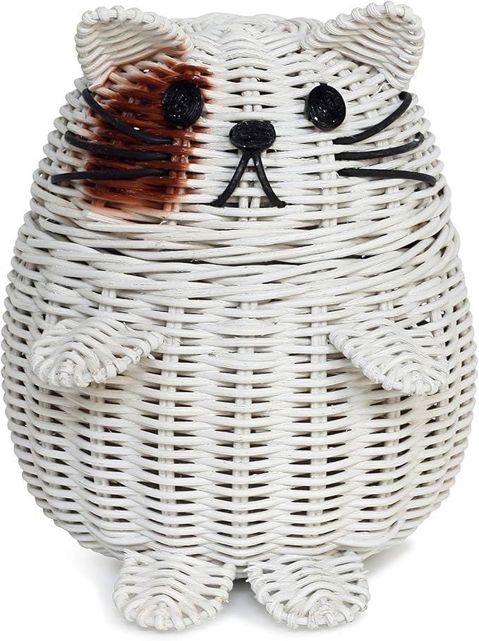 G6 COLLECTION Cat Rattan Storage Basket With Lid Decorative Bin Home Decor Hand Woven Shelf Organizer Cute Handmade Handcrafted Nursery Gift Animal Art Decoration Artwork Wicker Kitten