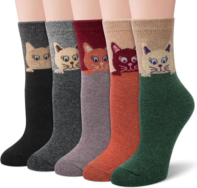Justay 5 Pairs Womens Wool Socks Thick Warm Winter Socks Casual Cozy Socks Vintage Knit Crew Socks Gift for Women