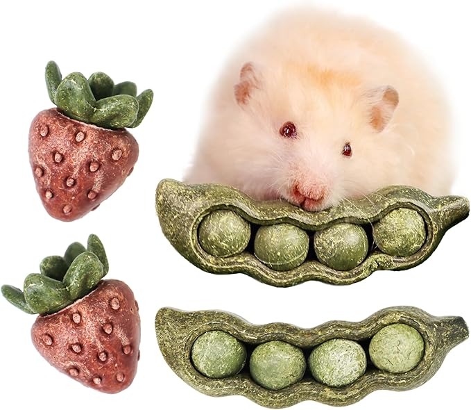 TEEWY 4PCS Guinea Pig Toys, Prevent Teeth Overgrowth, Natural Vegetables and Timothy Grass, Hamster Chew Toys, Guinea Pig Chew Toys, Chinchilla Toys, Peapod and Stawberry Chew Toy Set