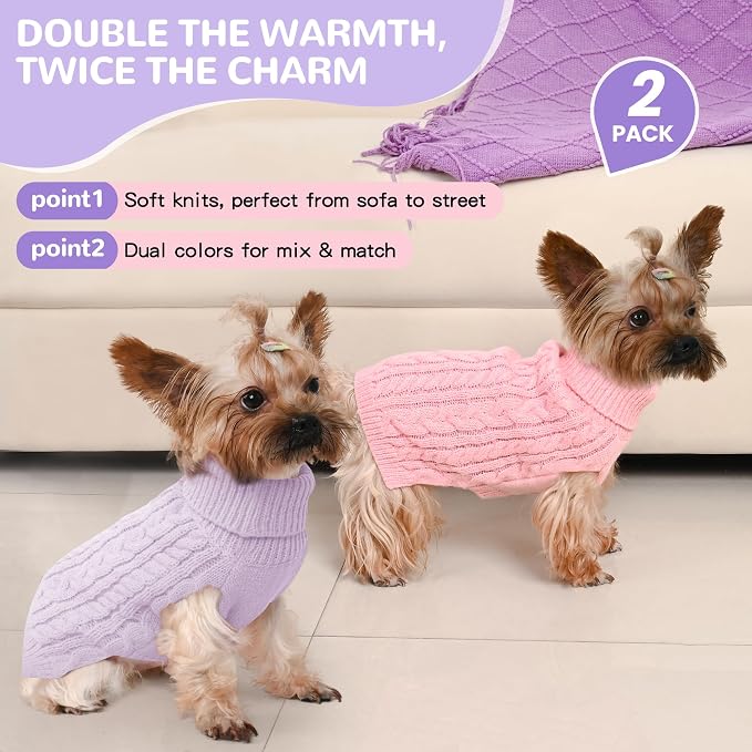 Dog Sweater 2 Pack for Small Dogs, Size XS, Pink & Purple | Stretchy cable knit turtleneck, machine washable, high belly cut, comfy winter fit for Chihuahua, Yorkie