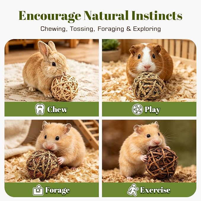 8 Pcs Bunny Chew Grass Balls, Hangable Natural Handmade Enrichment Toys for Teeth Grinding, Enrichment Treats for Rodents Rabbits Guinea Pigs Chinchillas Hamsters Mice, Rolling Chew Toys (2.4") (8pcs)