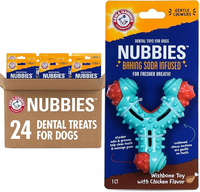 Arm & Hammer Nubbies Wishbone Dog Dental Chew Toy for Dogs, Moderate Chewers, Chicken Flavor, Nylon and TPR, Baking Soda Infused, Reduces Plaque and Tartar, No Stuffing - 24 Pack