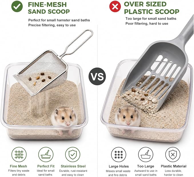 Stainless Steel Hamster Sand Scoop Set, 1mm Fine Mesh & Standard Scoop Combo, Small Pet Sand Bath Cleaner for Hamsters, Gerbils, Mice, Reptiles, Easy Sifting for Fine Sand