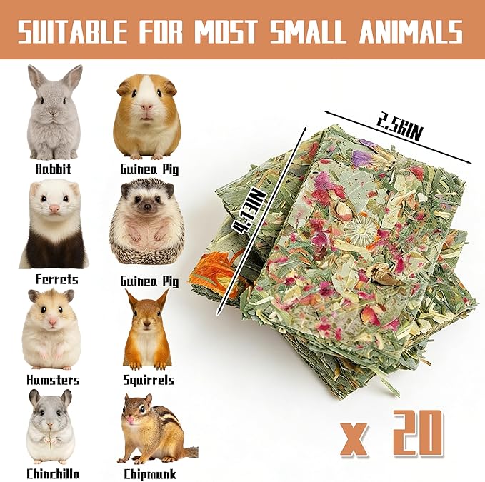 10 Pack Natural Timothy Hay, Bunny Chew Toy, Bunny Crisp Treat, Herbal Flowers Timothy Hay Food for Cleaning Teeth for Rabbit, Guinea Pig, Hamster, Chinchilla Rat, Gerbils, Small Animals