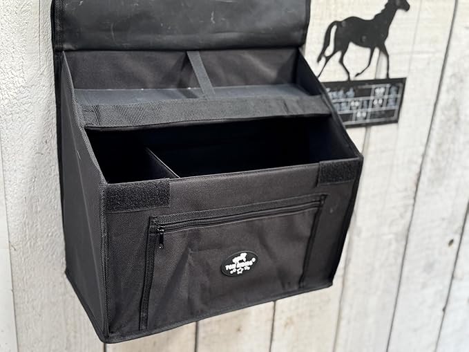 Stall Front Organizer Bag, Black, Multi-Compartment Storage, Horse Grooming Supply Holder with Top Loading Design