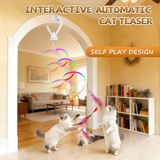 Interactive Cat Toys for Indoor Cats, Automatic Hanging Cat Toys Door Frame & Doorway, with Feather Mouse String Wand Cat Enrichment Toys, Safe Self Play for Bored Multi Cats Households
