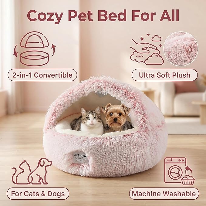 Hooded Dog Bed, Cat Cave Bed with Removable Hood, 2-in-1 Convertible Donut Cat Bed, All Season Fluffy Pet Bed for Cats Small Dogs (Cave Bed - Pink, Medium 19.7 Inches)