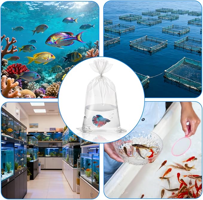 Jucoan 100 Pack 8" x 14" Clear Plastic Fish Bags, 3 Mil Extra Thick Leak-Proof Live Fish Shipping Bags Aquarium Transport Bag for Shrimps and Betta Fish